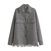 Lizakosht Jacket Women Fashion Plaid Chaquetas De Mujer Houndstooth Tassel Tweed Pockets Blazer Coat Vintage  Top Veste Femme