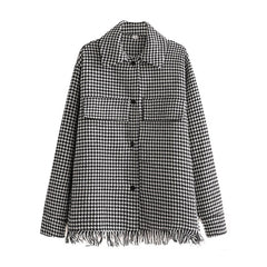 Lizakosht Jacket Women Fashion Plaid Chaquetas De Mujer Houndstooth Tassel Tweed Pockets Blazer Coat Vintage  Top Veste Femme