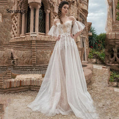 Sevintage 2021 Flare Sleeve Boho Wedding Dresses Lace Appliqued Illusion Scoop Beach Bridal Gowns A Line Abiti Da Sposa