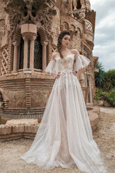 Sevintage 2021 Flare Sleeve Boho Wedding Dresses Lace Appliqued Illusion Scoop Beach Bridal Gowns A Line Abiti Da Sposa