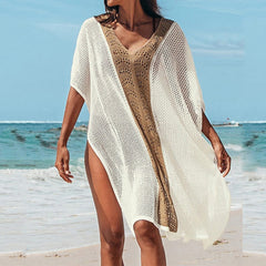 Lizakosht   Women V-neck Pullover Solid Cover Up Summer Sexy Mesh Beach Dress Cover-ups Swimwear 2022 Tassel Bikini Swimsuit Cover Up Dress