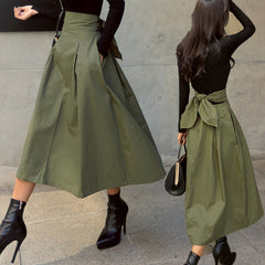New Women Bandage A Line Skirt 2022 Spring Autumn Back Bow Slim Vintage Skirt Laides Office Wear Skrits