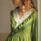 Lizakosht Green Dress SpringSummer Women Vintage Elegant Slim Long Sleeve Embroidery Lace V-Neck Cotton Long Dress ropa mujer talla grande