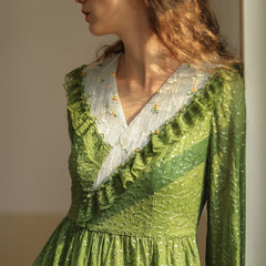 Lizakosht Green Dress SpringSummer Women Vintage Elegant Slim Long Sleeve Embroidery Lace V-Neck Cotton Long Dress ropa mujer talla grande