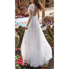Lizakosht  Summer Women Long Beach Dress Lace Up Sexy Transparent White Lace Sexy Maxi Tunic Dress