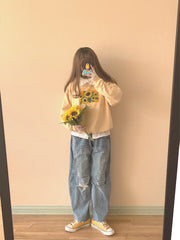 Cute Japanese Style Sweatshirt Sunflower Print Women Long Sleeve O-neck Loose Pullovers Streetwear Casual Hoodies Tops Female