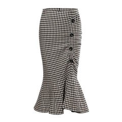 PERHAPS U Trumpet Mermaid Black Beige Plaid Midi Skirt High Street Empire Vintage Retro Women S0192