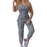 Lizakosht Women Casual Cargo Playsuit Sleeveless O Neck Jumpsuit With Pocket and Belt Elegant Pencil Pants Overalls