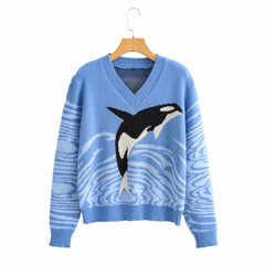 Vintage Y2K Loose Pullovers V-neck Autumn Aesthetic 2000s Knitwear Harajuku Print Blue Sweaters Cute Casual Streetwear