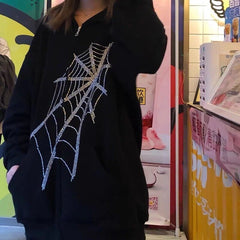 Oversized Hoodie 2021 Thin Hooded Cardigan Sweater Spider Web Hot Diamond Zipper Hoodie  Mens and Womens Diamond Jacket