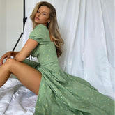 Lizakosht Floral Print Summer Dress Women Boho Slit Maxi Long Dress Vintage Beach Dress Puff Sleeve A-line Blue Sundress