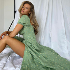 Lizakosht Floral Print Summer Dress Women Boho Slit Maxi Long Dress Vintage Beach Dress Puff Sleeve A-line Blue Sundress