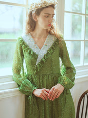 Lizakosht Green Dress SpringSummer Women Vintage Elegant Slim Long Sleeve Embroidery Lace V-Neck Cotton Long Dress ropa mujer talla grande