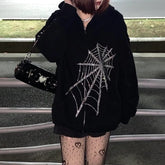 Oversized Hoodie 2021 Thin Hooded Cardigan Sweater Spider Web Hot Diamond Zipper Hoodie  Mens and Womens Diamond Jacket