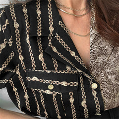 Spring Women Fashion Vintage Blouse Single Breasted Turn-down Collar Asymmetrical Print Loose Shirt Long Sleeve Blouse