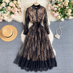 Lizakosht New Spring Autumn Elegant Women Lace Hollow Out Patchwork Long Dress Vintage Ladies Stand Collar Button Fairy Dress