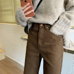 Autumn New Brown Straight Denim Vintage Slender Office Lady Jeans Women Trousers High Waist Large Size Pants Female KZ703