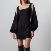 Lizakosht Elegant Square Collar Lady Party Dresses 2022 Office Fashion Slit Hollow Out Sleeve Slim Mini Dress Lantern Sleeve Women Dress