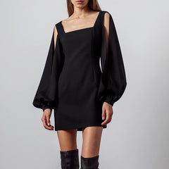 Lizakosht Elegant Square Collar Lady Party Dresses 2022 Office Fashion Slit Hollow Out Sleeve Slim Mini Dress Lantern Sleeve Women Dress