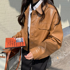 AIYANGA PU Faux Leather Jacket Women Loose Casual Biker Jackets Outerwear Female Tops BF Style Black Leather Jacket Elegant Coat