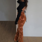 Lizakosht Vintage Orange Tie Dye Print Casual Panst Women Harajuku High Waist Straight Trousers Ladies Streetwear Fashion Flare Pants