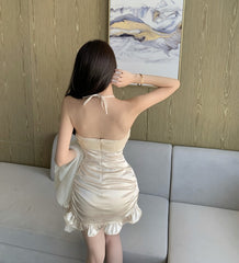 Lizakosht Sexy Skinny Hollow Out Halter Dresses Women Korean Backless Summer Ruched Dress Clubwear Bodycon Dresses