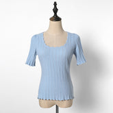 Lizakosht - Fancy Knit T-Shirt Maille Summer Women Clothing 2022 Short Sleeve Square Neck Elegant Knitwear Top Sexy Tee Shirt Tshirt Femme