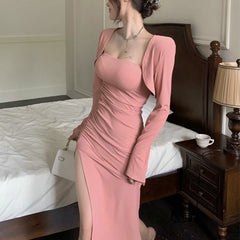 Lizakosht Korean Fashion Sexy Split Dress Autumn Bodycon Elegant Evening Party Midi Dresses France Black Casual Clothing Winter 2022 New