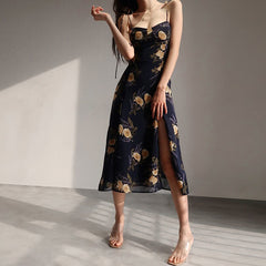 Bella French Sweet Vintage Boho Floral Dress Women Casual Spaghetti Strap Beach Cami Dress Summer Office Lady Party Vestidos