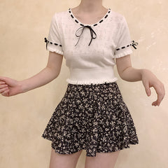 Lizakosht Sweet Knitted Top Women Summer Japanese Hollow Out Design Ribbon Trim Bow TShirt Women Aesthetic Harajuku Shirt Kawaii Clothes