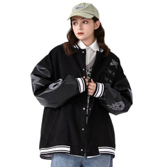 Splicing leather Bomber Jackets Women Coat Couple Baseball Jacket Autumn Unisex Boyfriend Style Varsity Hiphop Streetwear