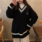 Bella 2022 Women Harajuku V-neck Japanese Sweater Female Preppy Style Long Sleeve Knitted Pullovers Autumn Warm loose Jumpers