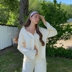 Autumn New Pant Suits Women Long Sleeve Solid Shirt Elastic Waist Wide Leg Pants Set Mujer 2 Piece Set Casual Outfit