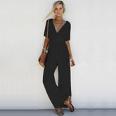 Women's Jumpsuit Sexy Cross Deep V Neck Half Sleeve Lace Up High Waist Wide Leg Pants Solid Elegant 2022 Summer Chic Jumpsuits