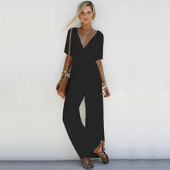 Women's Jumpsuit Sexy Cross Deep V Neck Half Sleeve Lace Up High Waist Wide Leg Pants Solid Elegant 2022 Summer Chic Jumpsuits