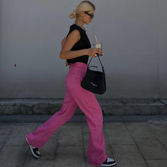 Candy Color High Waist Straight Wide Legs Pants Thin Jeans Women's Green Pants Denim Trousers Fashion Korean Women M8A