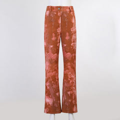 Lizakosht Vintage Orange Tie Dye Print Casual Panst Women Harajuku High Waist Straight Trousers Ladies Streetwear Fashion Flare Pants