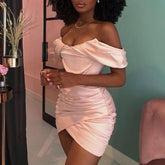 High Quality Bodycon Satin Dress Pink Women Party Dress Mini 2022 New Double Layer Summer Dress Celebrity Evening Club Dress