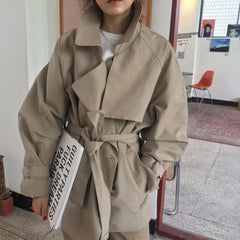Trench Coat Women Autumn Retro French British Style Plain Lapel Double-breasted Loose Tie Casual Long-sleeved Windbreaker Jacket