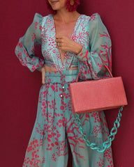 Sexy V-Neck Jumpsuit Summer Long Sleeve Loose Playsuit Overalls Women Elegant Flower Print Pocket Rompers Wide Leg Pant