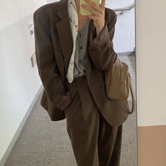 New Fashion Vintage Blazer Pants Suit OL Elegant Business Wear Blazers + High Waist Wide Leg Pants Suits 2 Piece Set