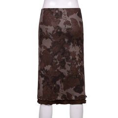 Lizakosht Goth Girl Midi Skirts Womens Floral Print Vintage Aesthetic Kawaii Clothes Dark Academic Low Waist Mid-Calf Skirt