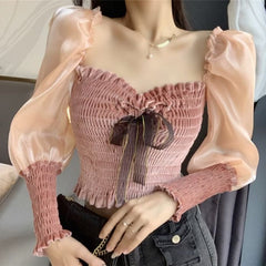 New Women Spring Fashion Streetwear Off Shoulder Puff Sleeve Velvet Patchwork Blouse Blusas Office Lady Sexy Shirt Tops
