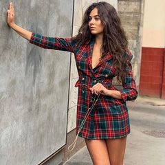 Bella Philosophy Autumn Long Sleeve Blazers Jackets Vintage Double Breasted Female Plaid Blazer Casual Street Lady Long Outwears