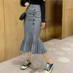 PERHAPS U Trumpet Mermaid Black Beige Plaid Midi Skirt High Street Empire Vintage Retro Women S0192