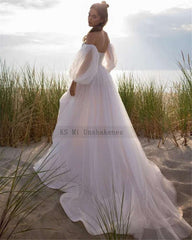 Fairy Vintage Boho Wedding Dresses Dots Tulle Detachable Puff Long Sleeve Bride Dress Plus Size Beach Wedding Gowns Bow Lace Up