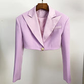 New Lavender Violet Short Blazer Women Autumn One-button Satin Collar Long Sleeve Short Suit Women's Blazers Jackets Top Quality
