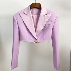 New Lavender Violet Short Blazer Women Autumn One-button Satin Collar Long Sleeve Short Suit Women's Blazers Jackets Top Quality