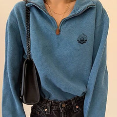 Autumn Winter Leisure Sweatshirt Women Solid Blue Elegant Turn Down Collar Pullover Tops Fashion Long Sleeve Loose Streetwear