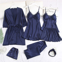 Lizakosht New Satin Pajamas Set for Women Sleepwear 7 pcs Female Lace Silk Pyjamas Suit Summer Autumn Lingerie Homewear Pijamas